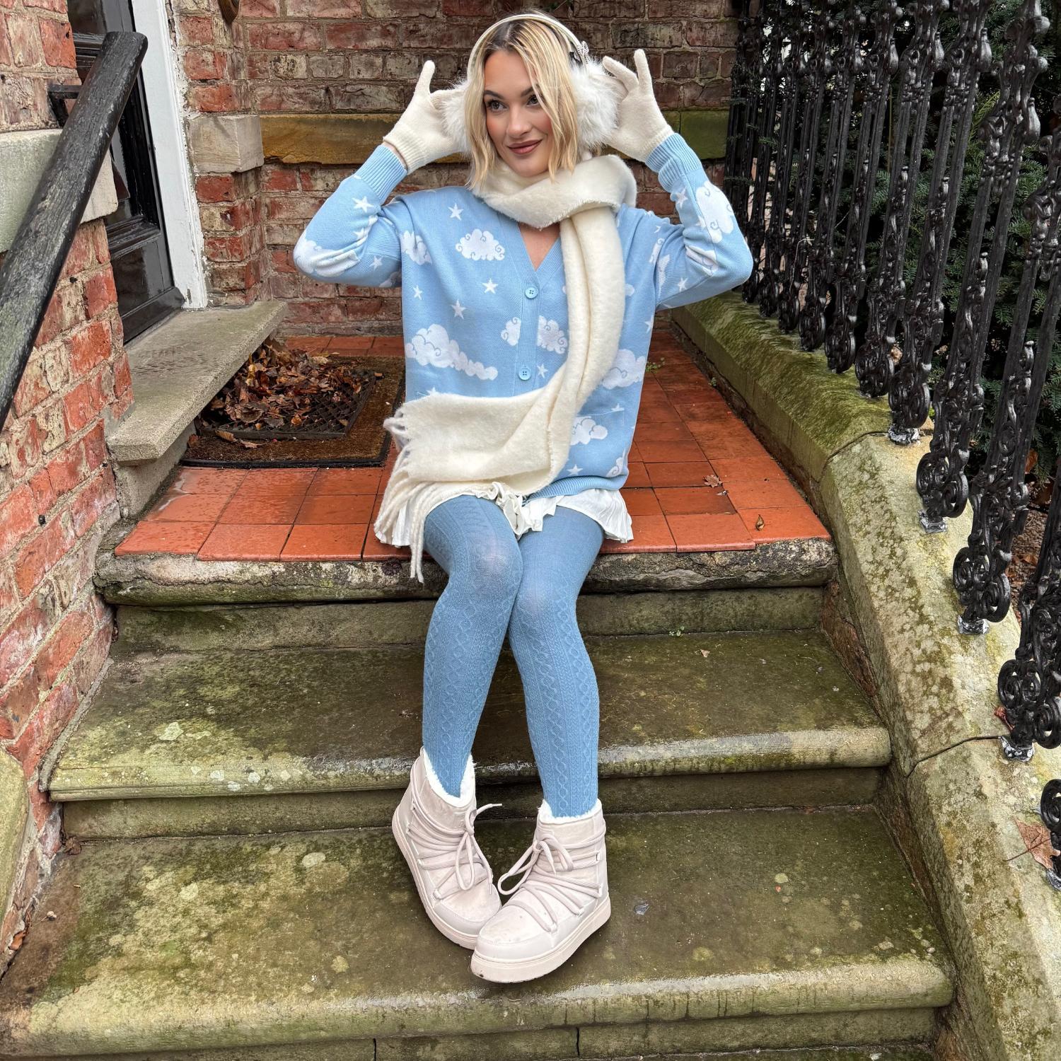 Grannies Cable Knit Wool Tights - Denim (V2)