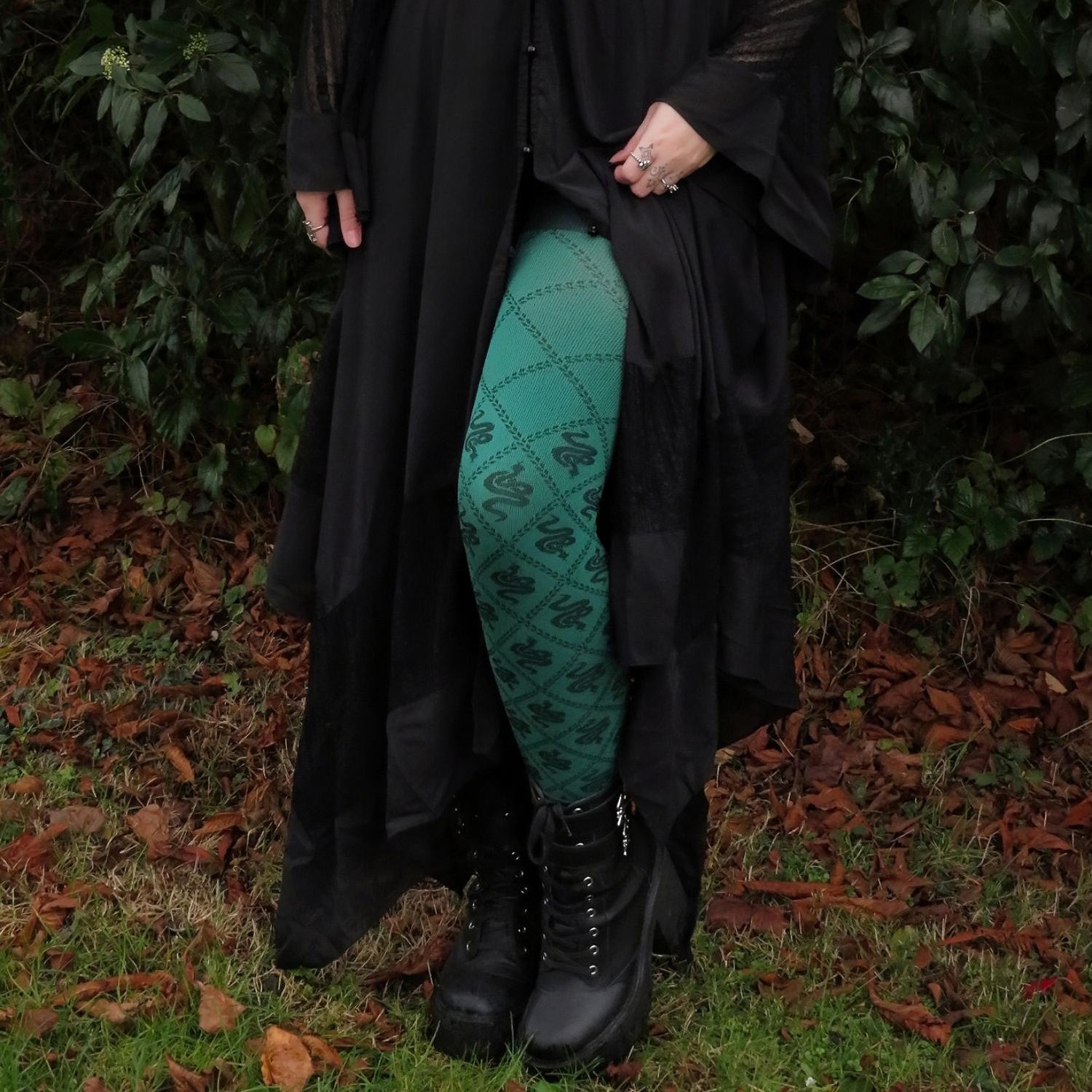 80 Denier Opaque Tights - Corra Snakes - Foliage Green