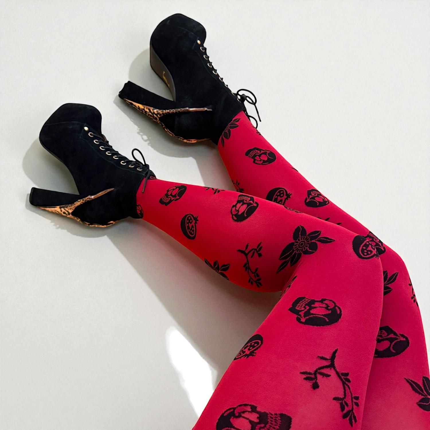 80 Denier Opaque Tights - Danu Skull Flower - Blood Red
