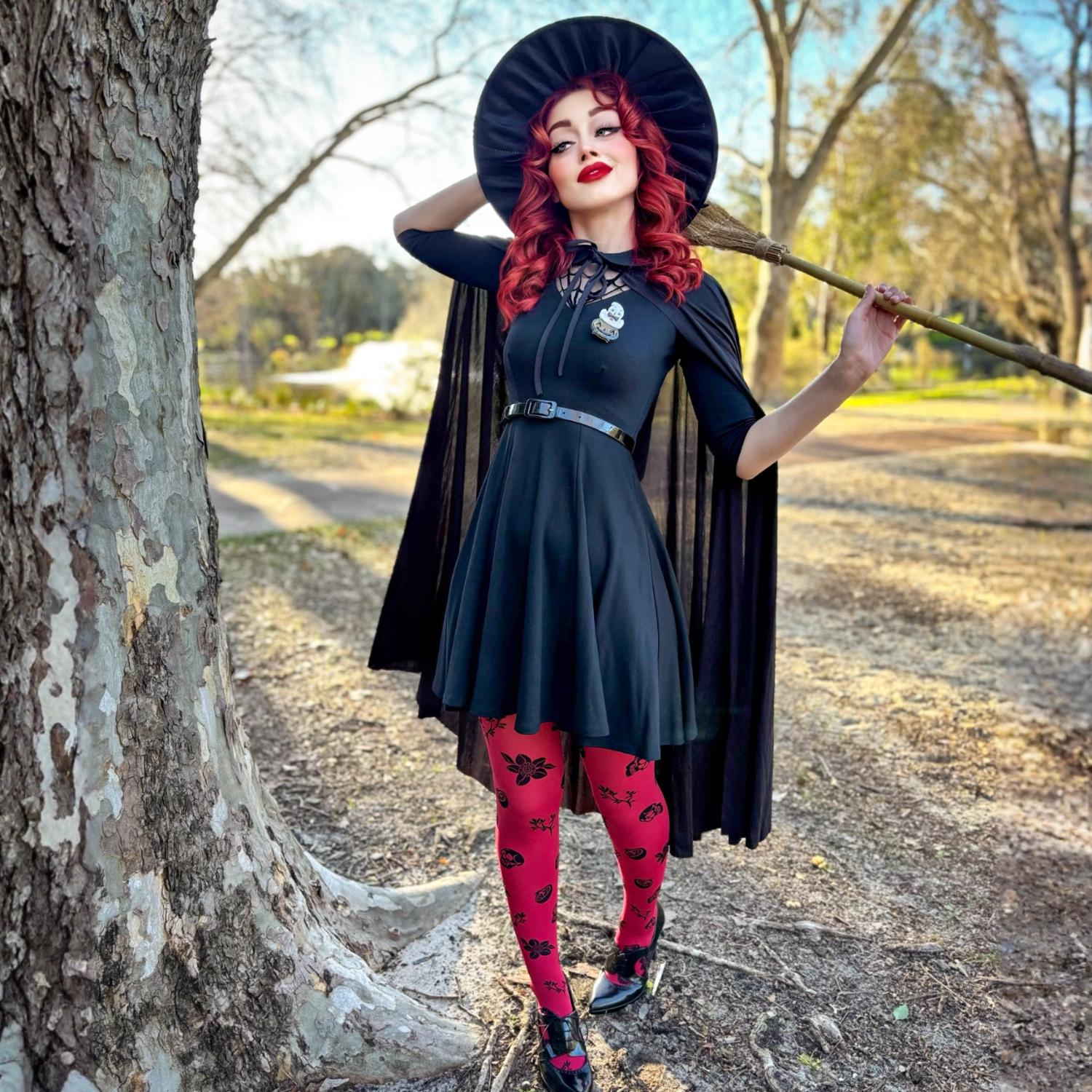 80 Denier Opaque Tights - Danu Skull Flower - Blood Red