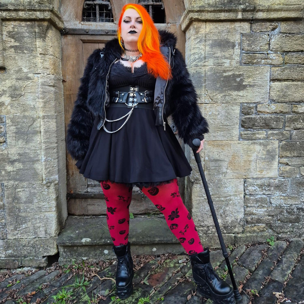 80 Denier Opaque Tights - Danu Skull Flower - Blood Red