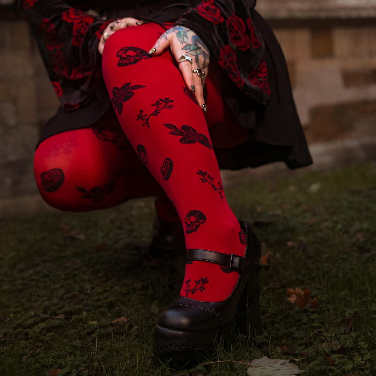 80 Denier Opaque Tights - Danu Skull Flower - Blood Red