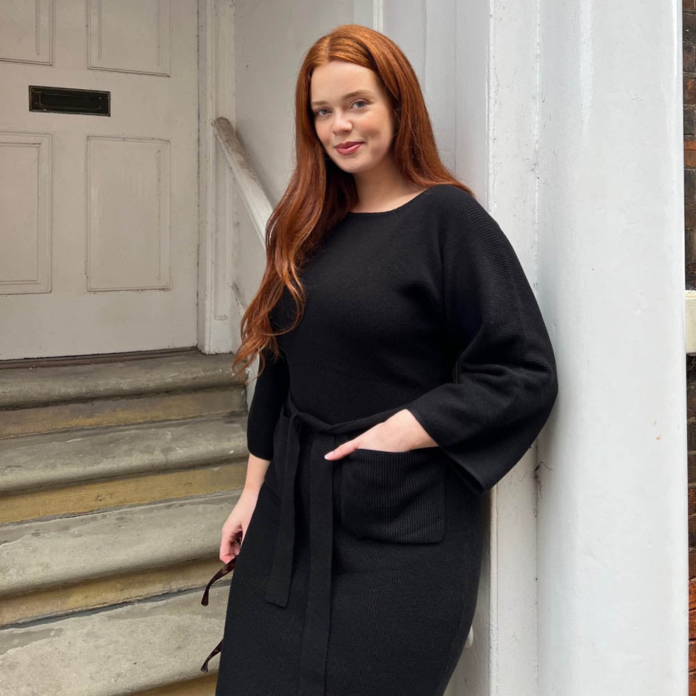 acka♡ sherr tweed cocoon dress Black Cocoon Knit Midi Dress with Pockets | Snag – Snag Canada