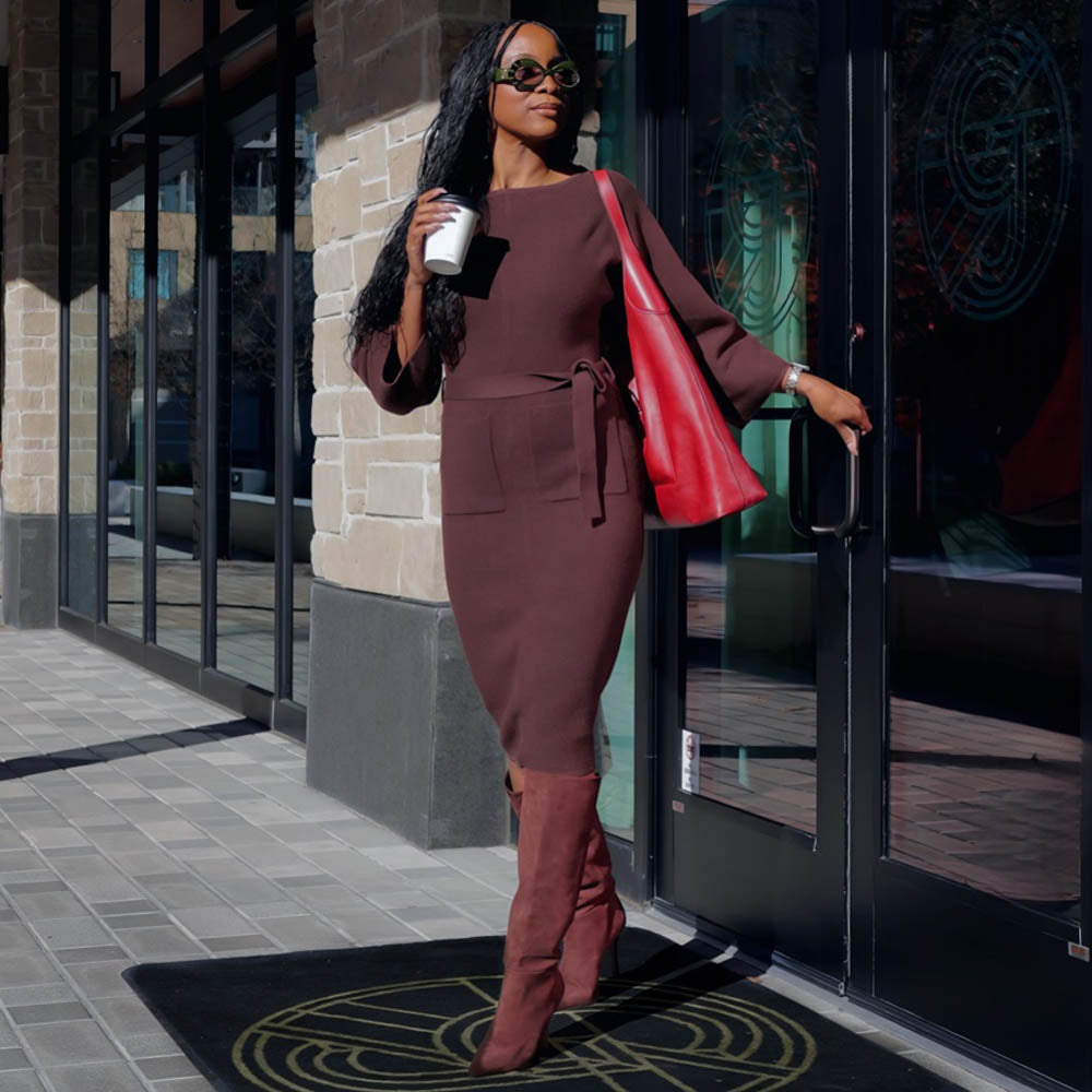 Midi Knitted Cocoon Dress - Hot Chocolate - Tights & Clothes In