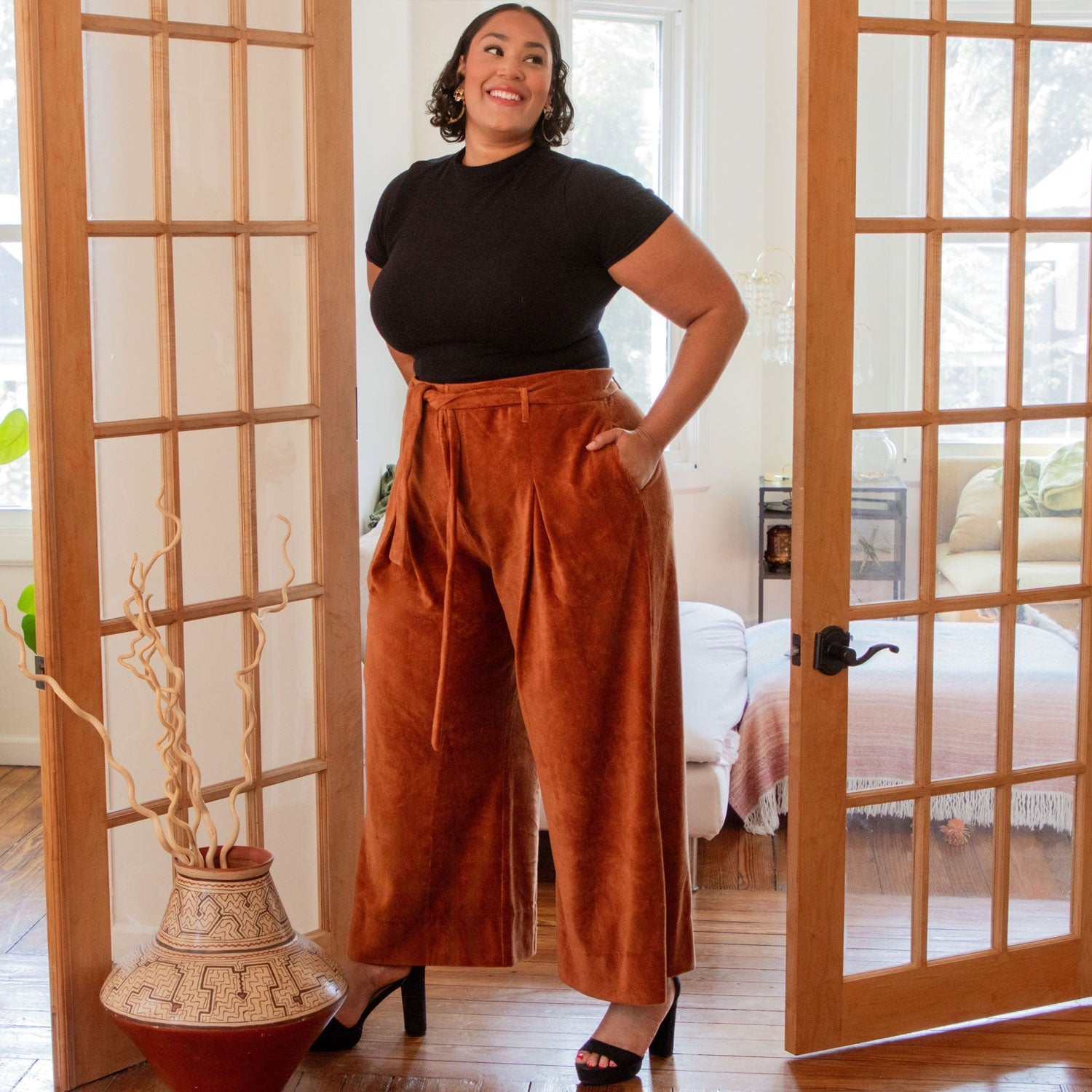 Wide Leg Cord Tailored Trousers - Rust