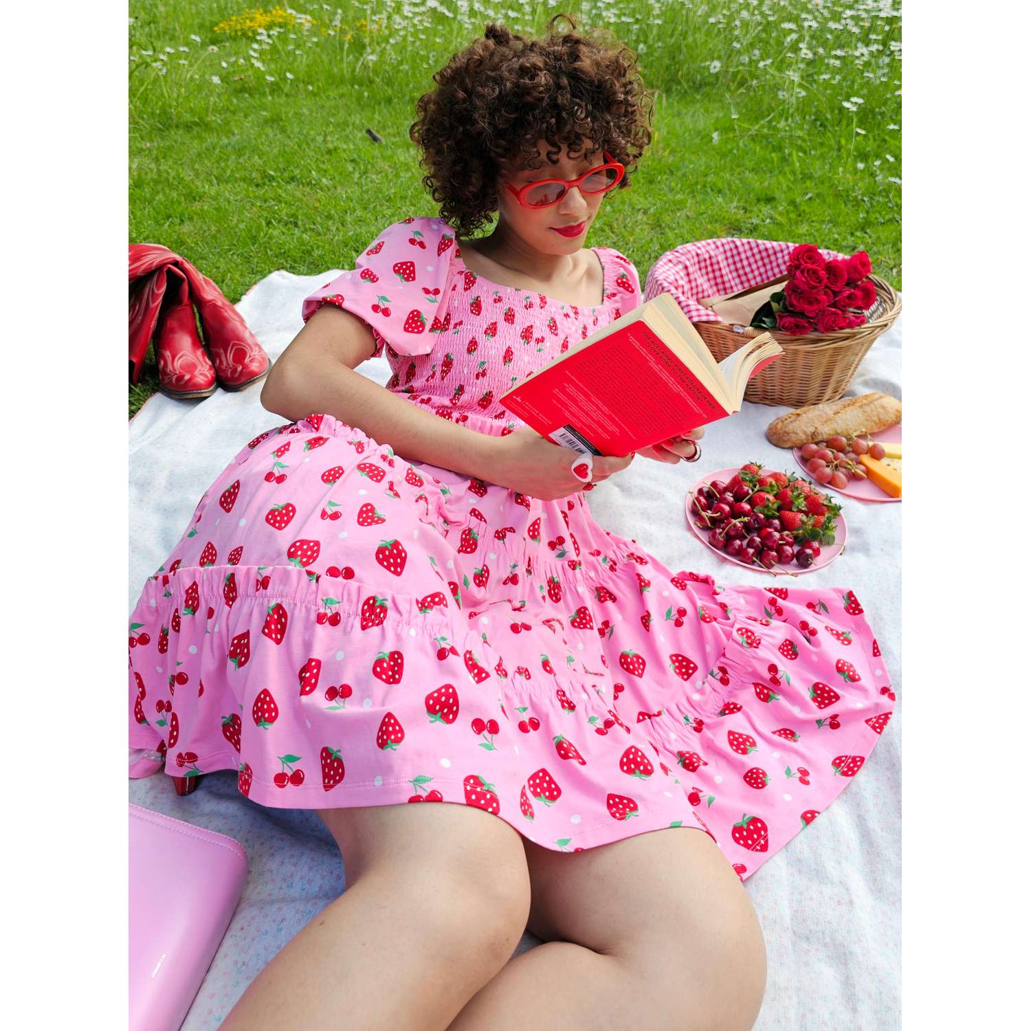 Strawberry Print Mini Dress | Shirred Cotton Jersey Dress with Strawberry Print Mini Dress | Shirred Cotton Jersey Dress with