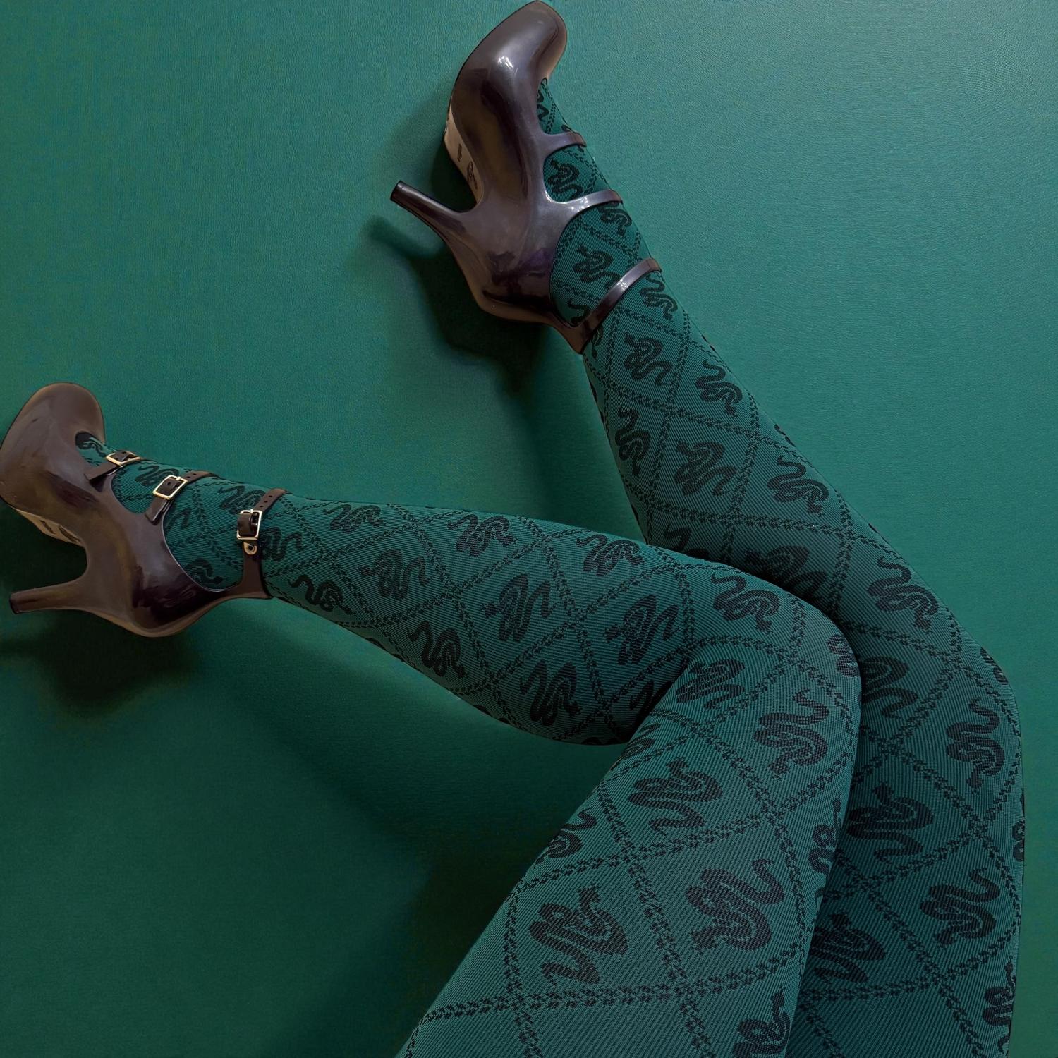 80 Denier Opaque Tights - Corra Snakes - Foliage Green