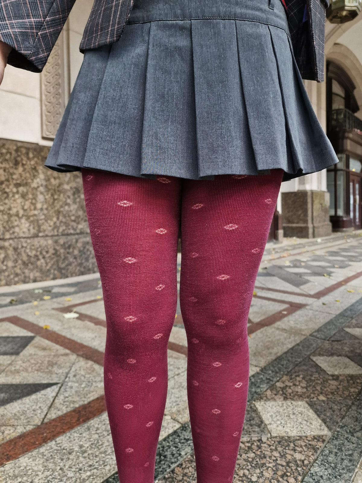 Wool Lace Tights - Ditsy Diamond - Cherry