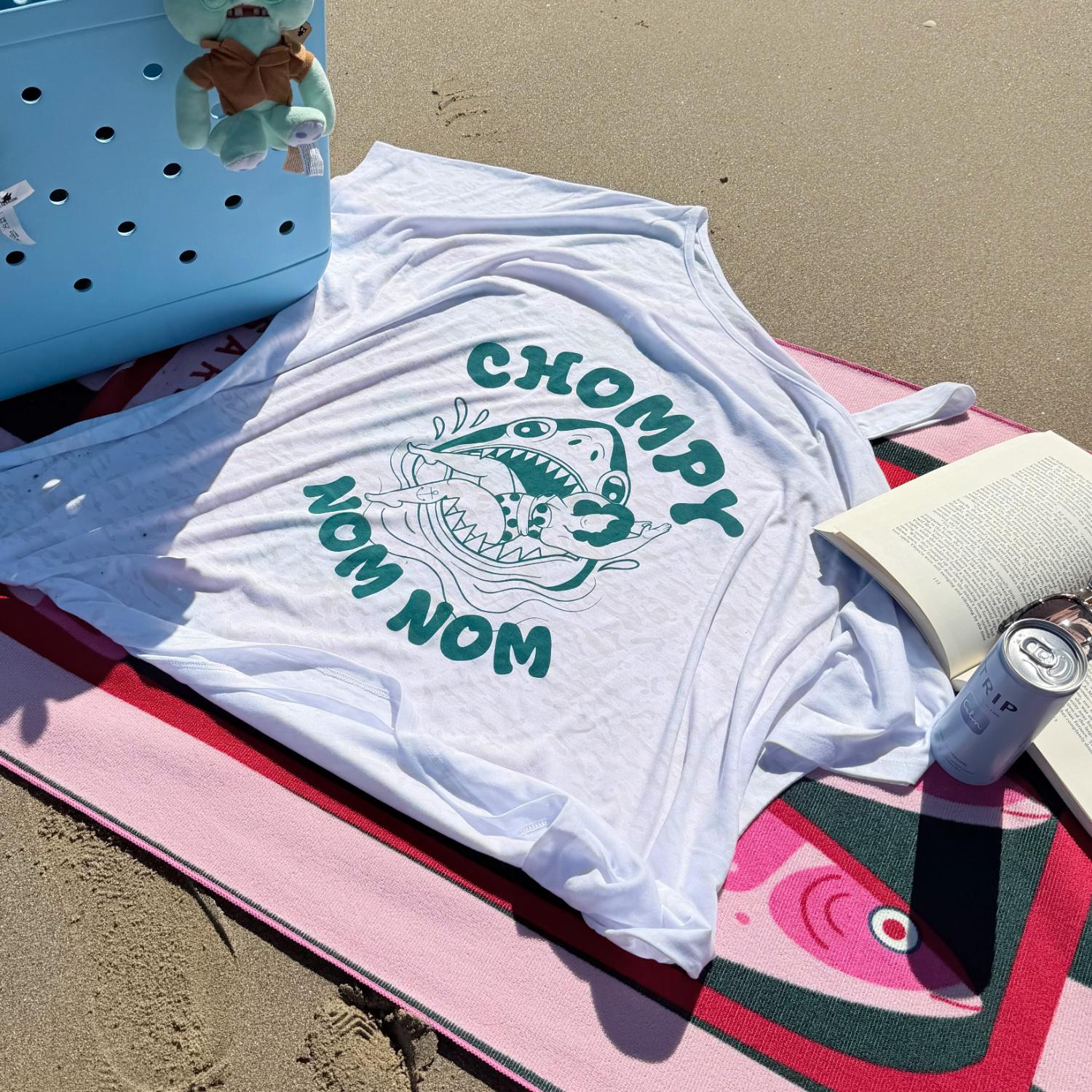 Debbie Off-Shoulder Tee - Chompy Shark Print
