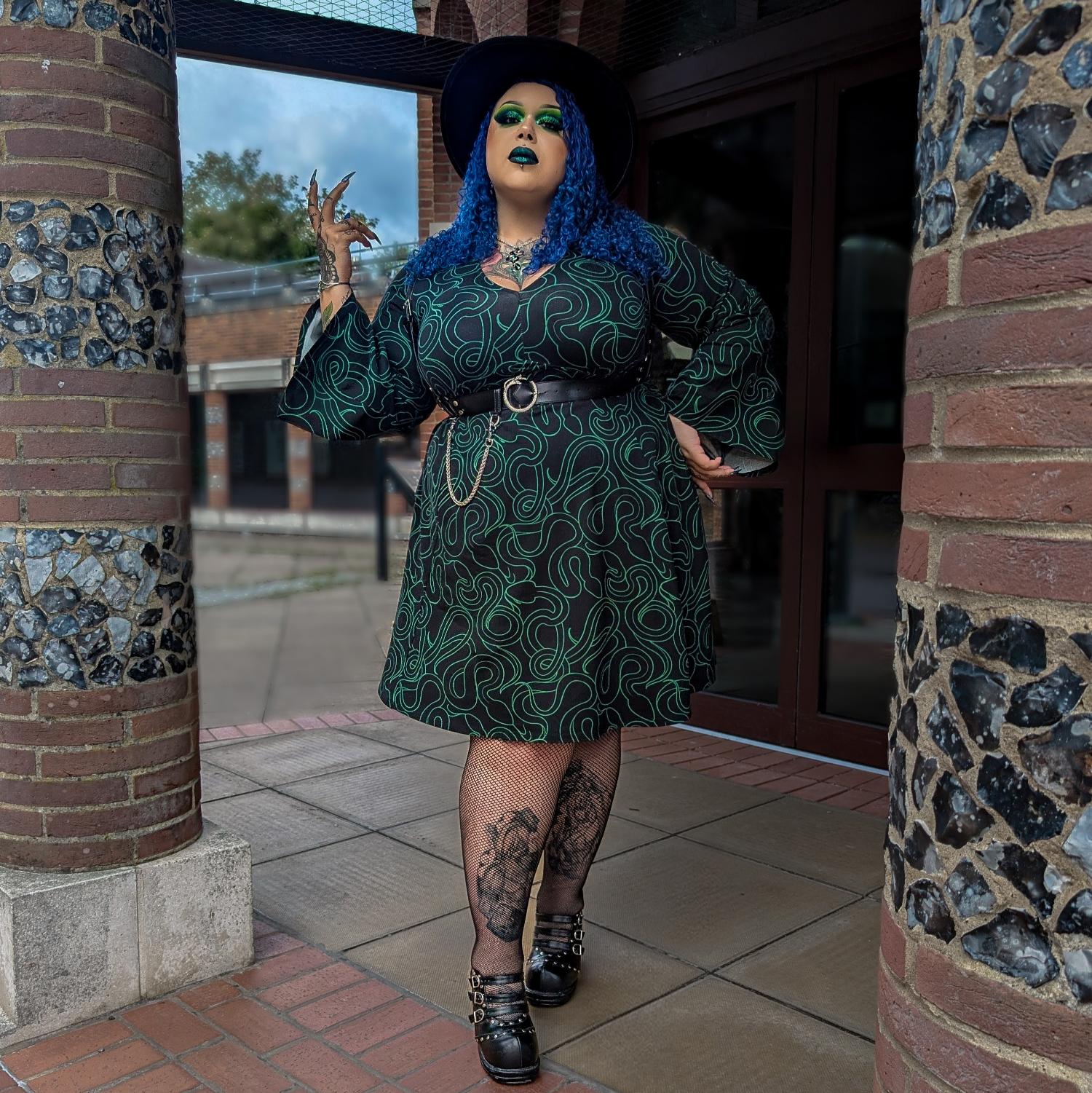 Corra Bell Sleeve Mini Dress | Green Snake Print Dress with