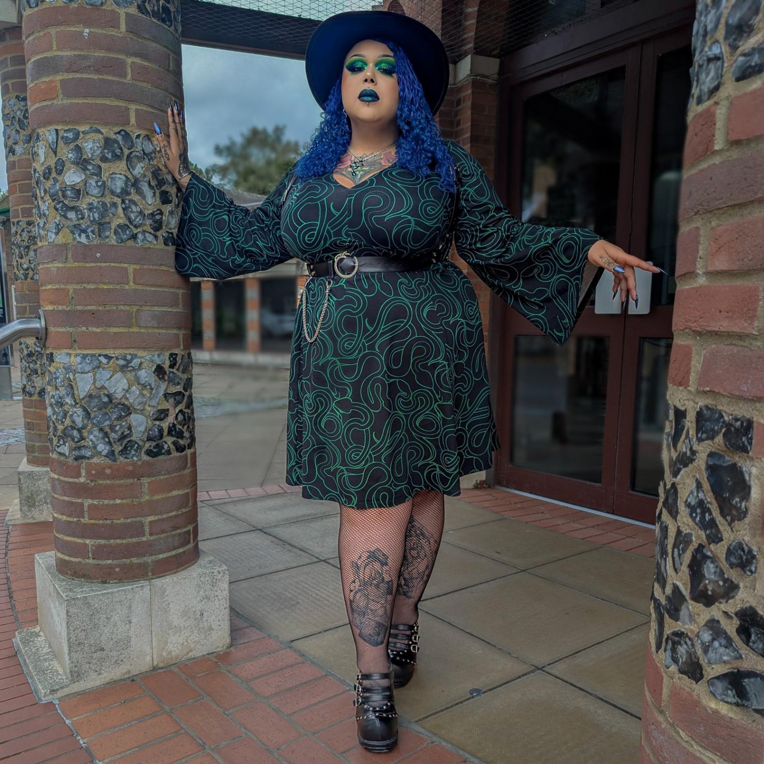 Corra Bell Sleeve Mini Dress | Green Snake Print Dress with